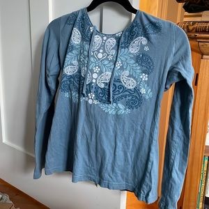 Size XS blue Prana sweater with sleeves and a hood.